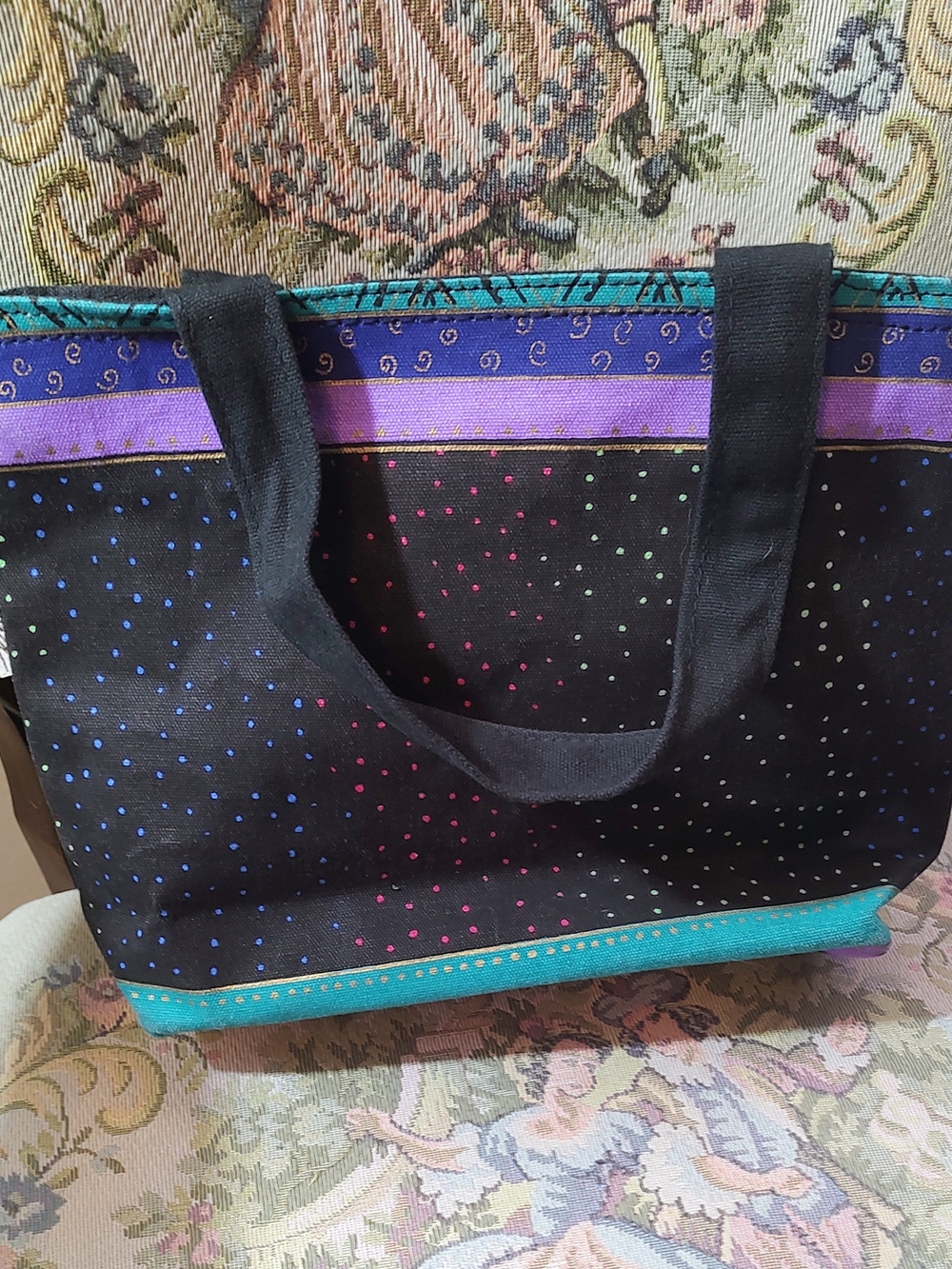 Laurel Burch Black Multicolor Playful Dog Tote with Teal Trim - Picture 10 of 11